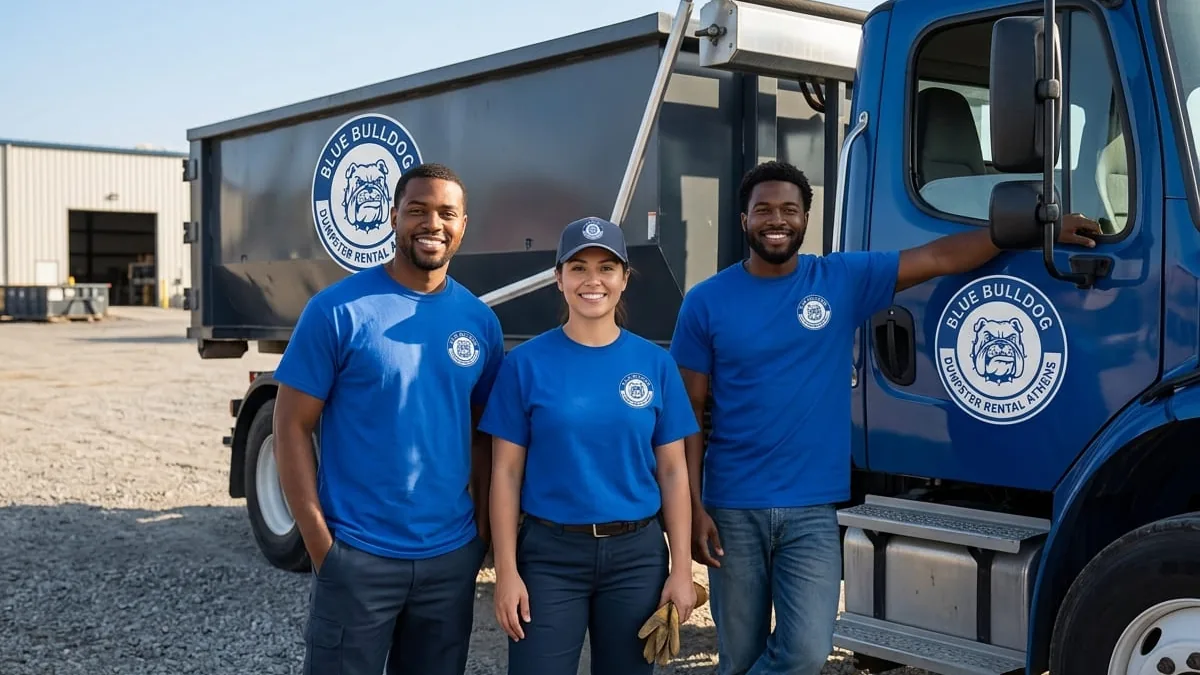 Blue Bulldog Dumpster Rental crew and fleet in Athens