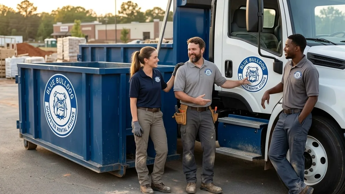 The Blue Bulldog Dumpster Rental Athens team and fleet in Athens, Alabama