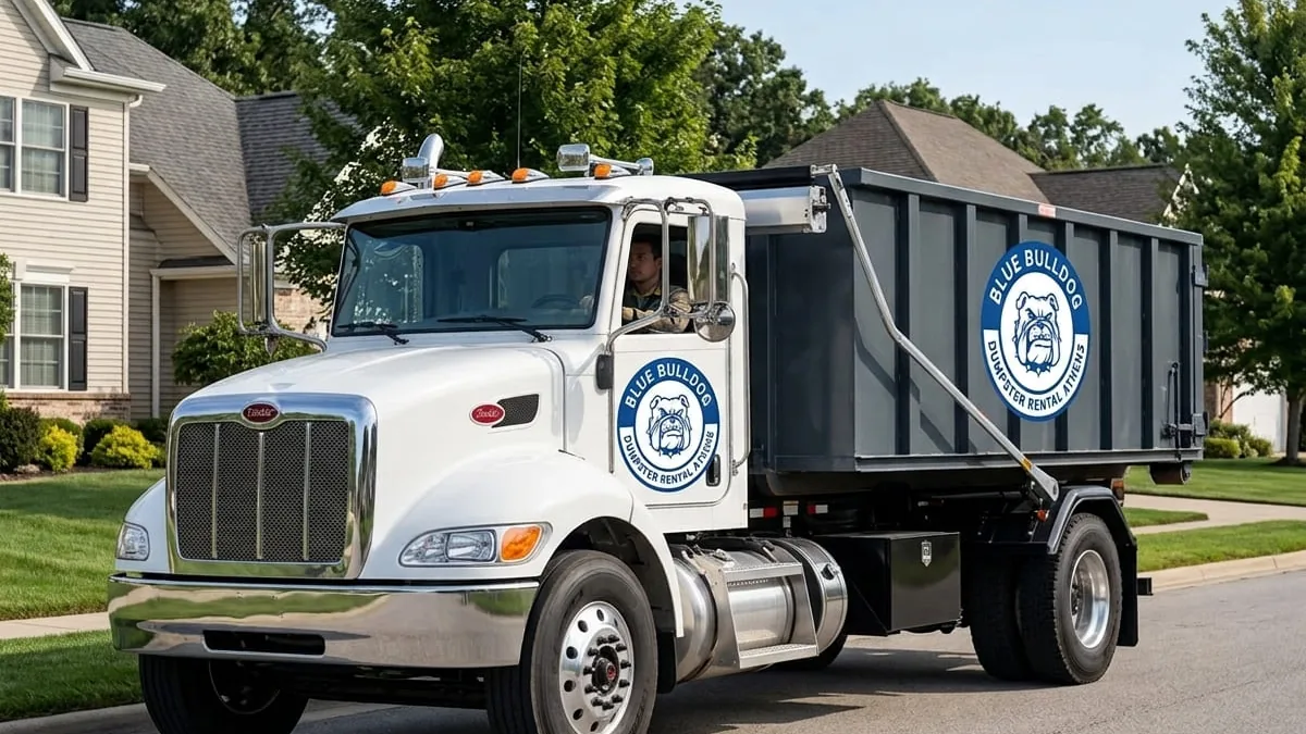 Blue Bulldog Dumpster Rental Athens roll-off truck delivering in Athens, AL