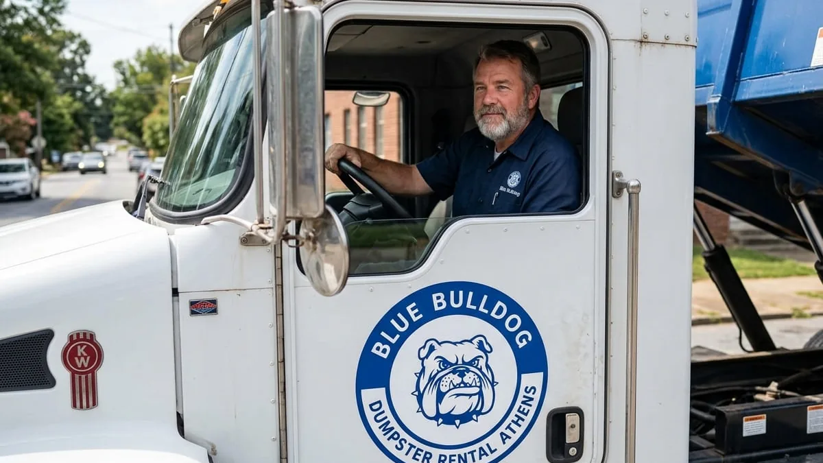 Roll-off dumpster rental in Piney Chapel, AL delivered by Blue Bulldog Dumpster Rental Athens